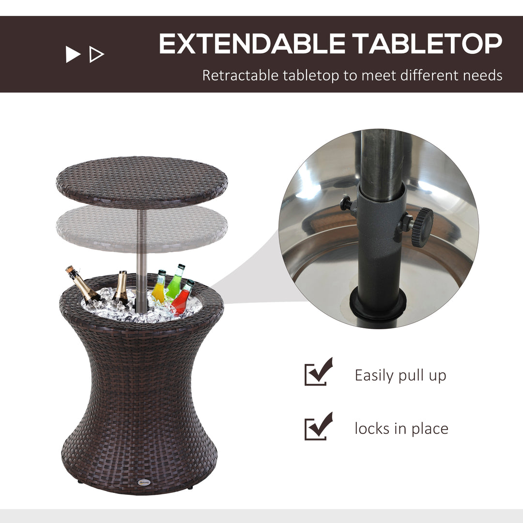 PE Rattan Ice Bucket Table, Height Adjustable Liftable Outdoor Drinks Cooler, 52 cm Round Garden Beer Cocktail Table with Lid for Bar, Patio, Terrace, Brown