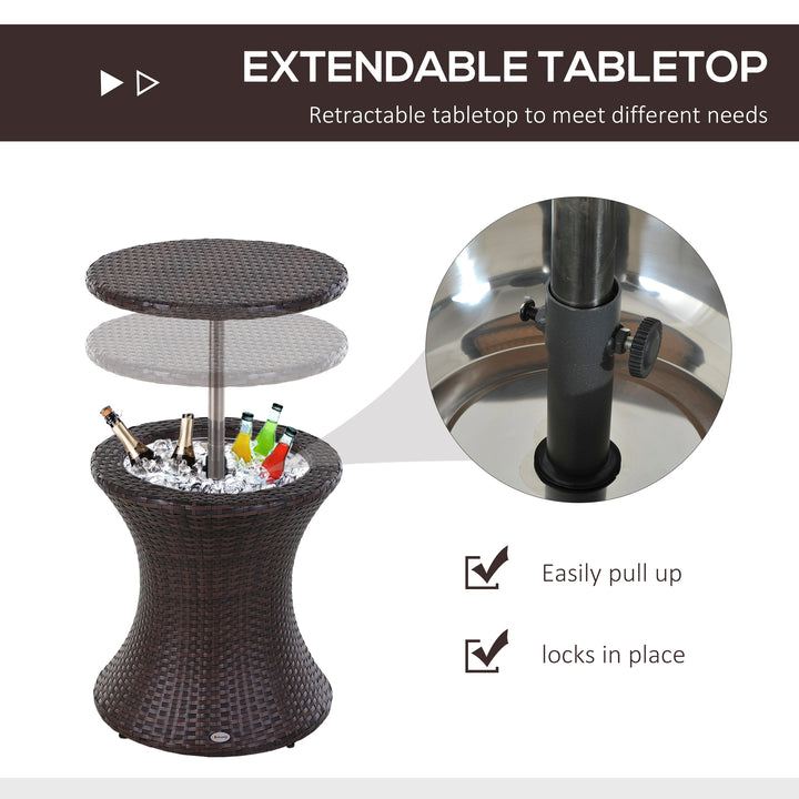 PE Rattan Ice Bucket Table, Height Adjustable Liftable Outdoor Drinks Cooler, 52 cm Round Garden Beer Cocktail Table with Lid for Bar, Patio, Terrace, Brown