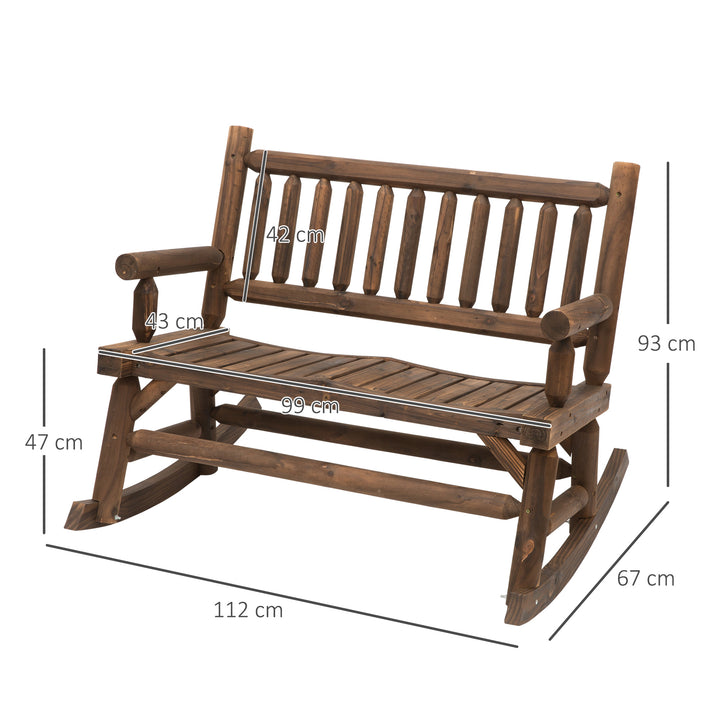 Garden 2-Seater Rocking Bench Wood Frame Rough-Cut Log Loveseat Slatted High Back Rustic Style with Armrests Garden Outdoor Furniture - Dark Stain Brown