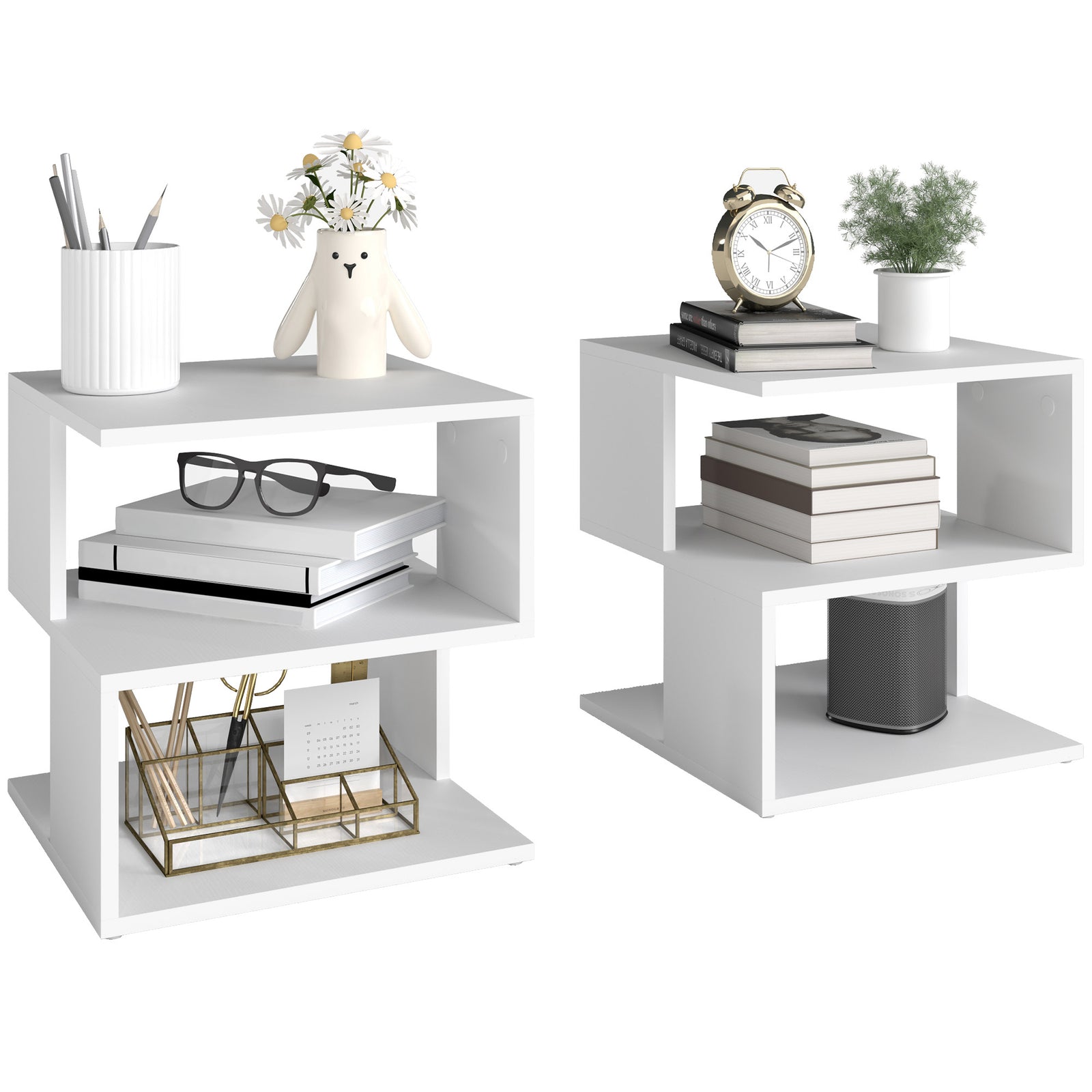Set of 2 Side Table, Square Coffee Table, Modern End Table with 2 Tier Storage Shelves for Living Room, Bedroom, White