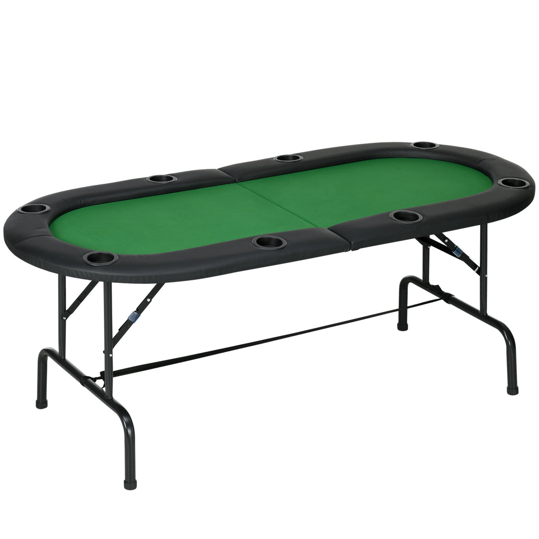 8 Player Folding Poker Table, Oval Portable Blackjack Casino Table with Cup Holder, Felt Top and Metal Base, 183 x 82 x 75cm, Green and Black