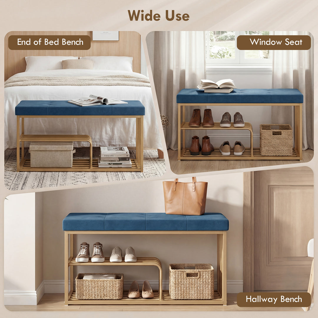 Bench and Shoe Storage, Tufted Shoe Storage Bench with Velvet Seat Cus