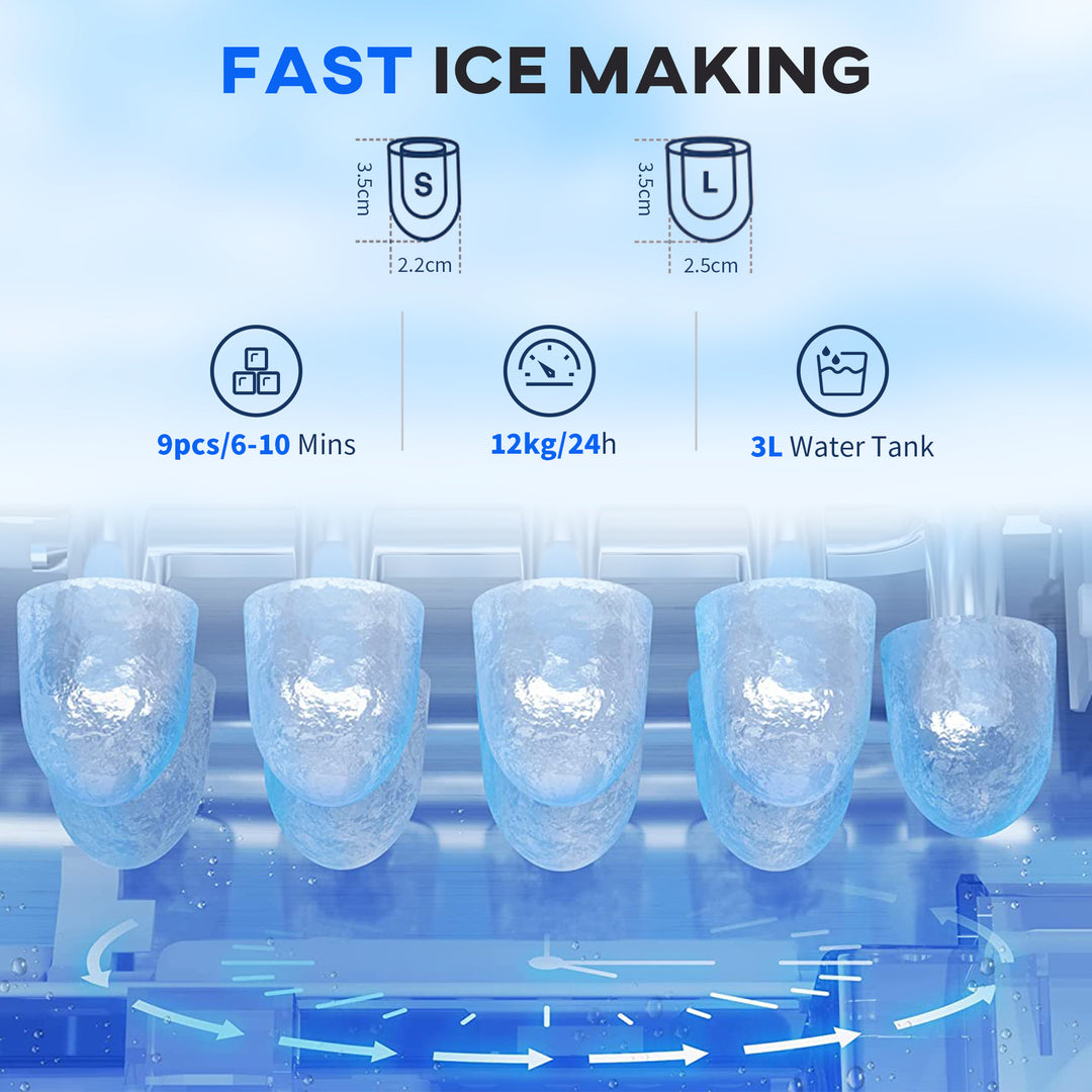 MCL 3L Ice Maker Machine and Water Dispenser, 12kg in 24H, 2 Sizes 9 Ice Cubes Ready in 6-10 Mins Ice Machine, Silver