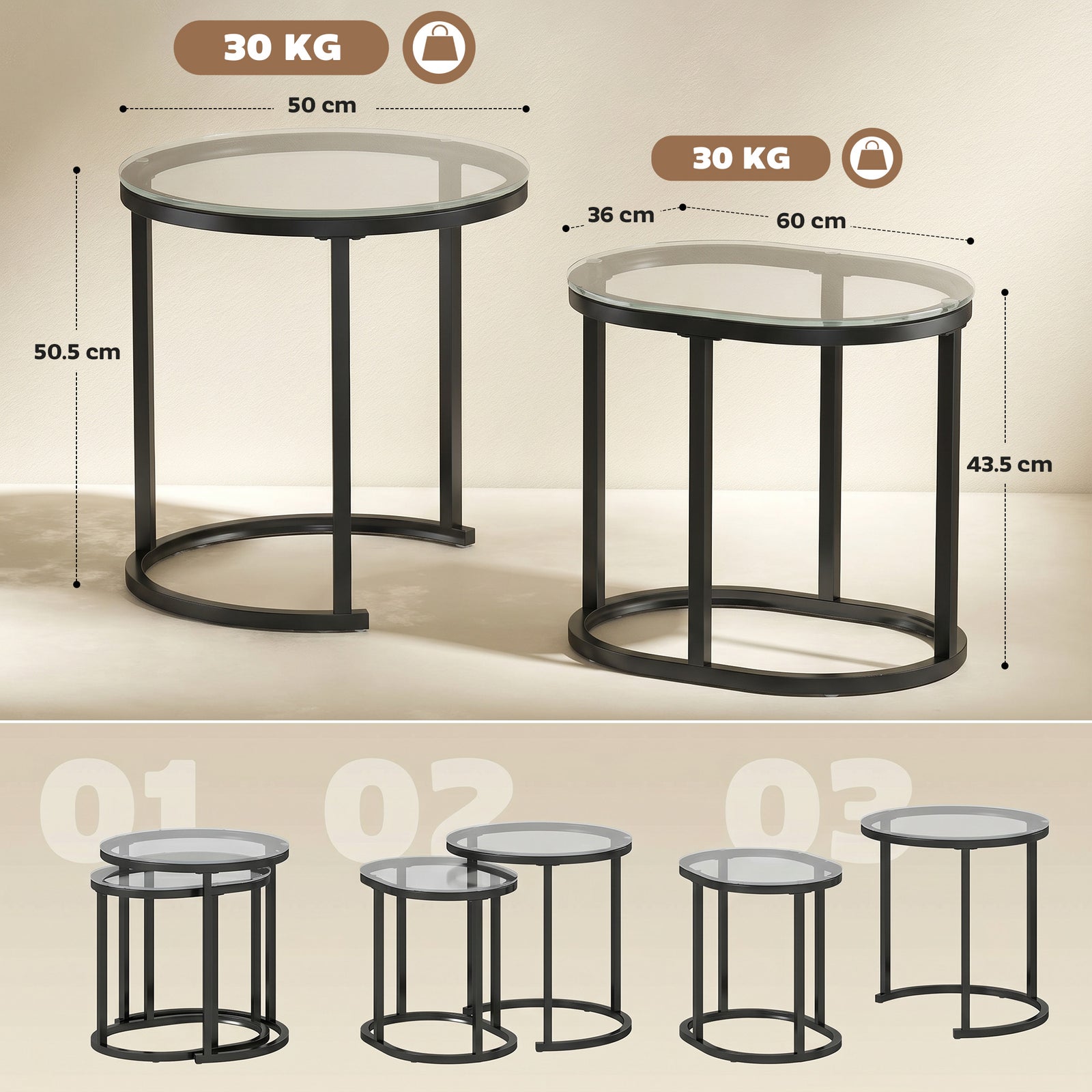 Nest of Tables with Steel Frame and Tempered Glass Tabletop, Modern Co