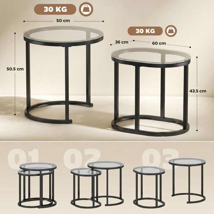 Nest of Tables with Steel Frame and Tempered Glass Tabletop, Modern Co