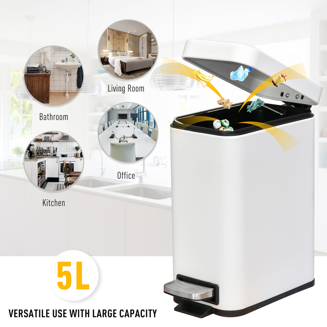 HOMCOM 5L Rectangular Compact Bin Steel Body Removable Bucket Quiet-Close Lid w/ Pedal Lid Rubbish Trash Can Garbage Tidy Clean White | Aosom UK