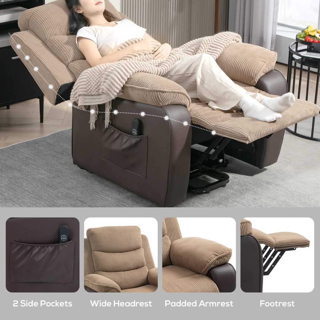 Power Lift Recliner Chair for Elderly, Patchwork Design Oversized Electric Riser and Recliner Armchair for Living Room with Remote Control, USB Port and 2 Side Pockets, Brown
