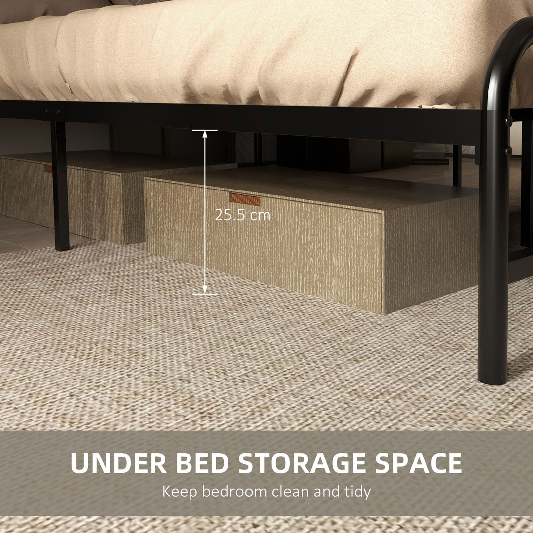 4.8ft Double Bed Frame with Industrial Wood Headboard, Steel Slat Support and 25.5cm Underbed Storage Space, 145 x 199cm, Rustic Brown