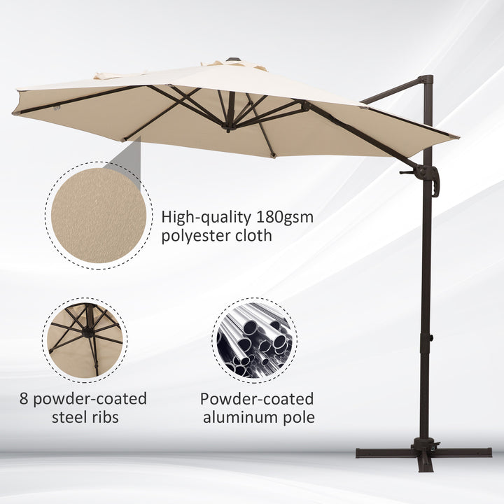 Outsunny Banana Parasol 3M Cantilever Umbrella with Cross Base, Aluminium Frame, 360° Rotation, Hand Crank, Beige | Aosom UK