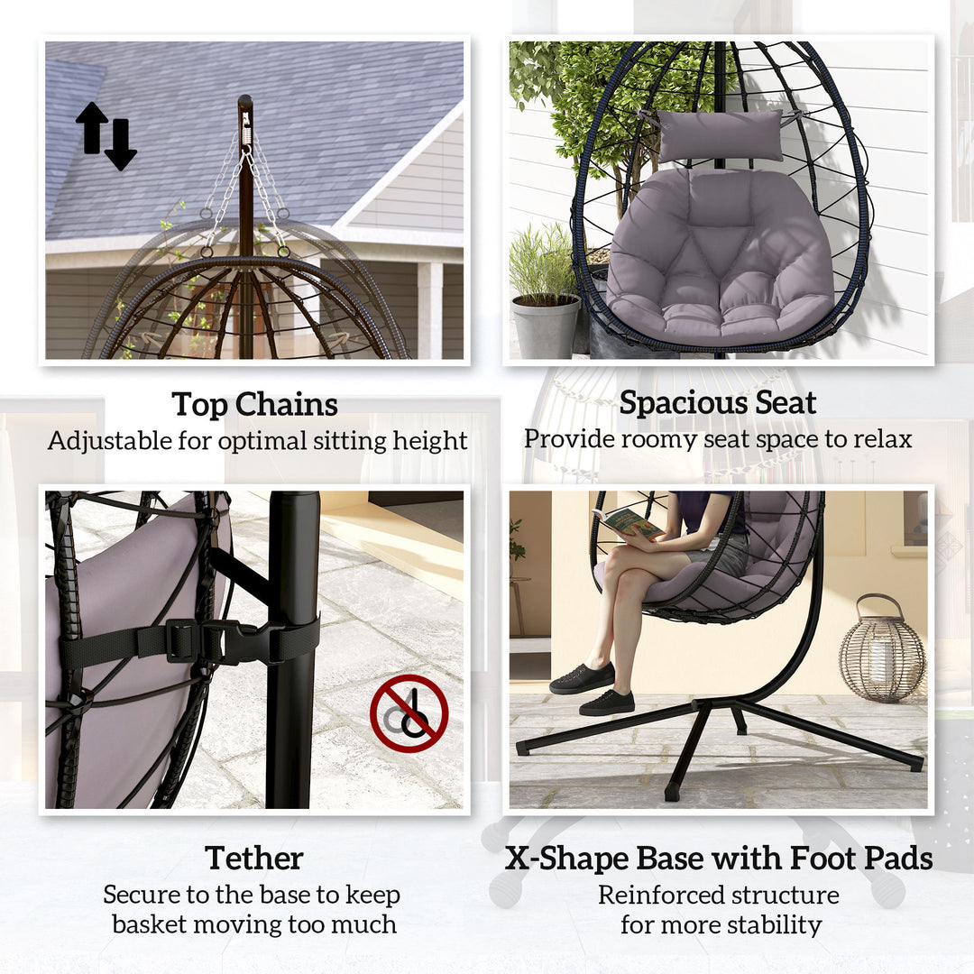 Hanging Egg Chair Outdoor Indoor Garden Swing Chair with Folding Basket, Thickened Cushion, Garden Hanging Chair with Stand, Headrest for Patio, Balcony, Grey