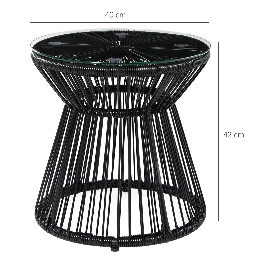 Round End Table, Rattan Side Table, Hollow Drum Design Coffee Table w/ Glass Tabletop for Patio, Garden, Balcony Black