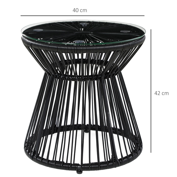 Round End Table, Rattan Side Table, Hollow Drum Design Coffee Table w/ Glass Tabletop for Patio, Garden, Balcony Black