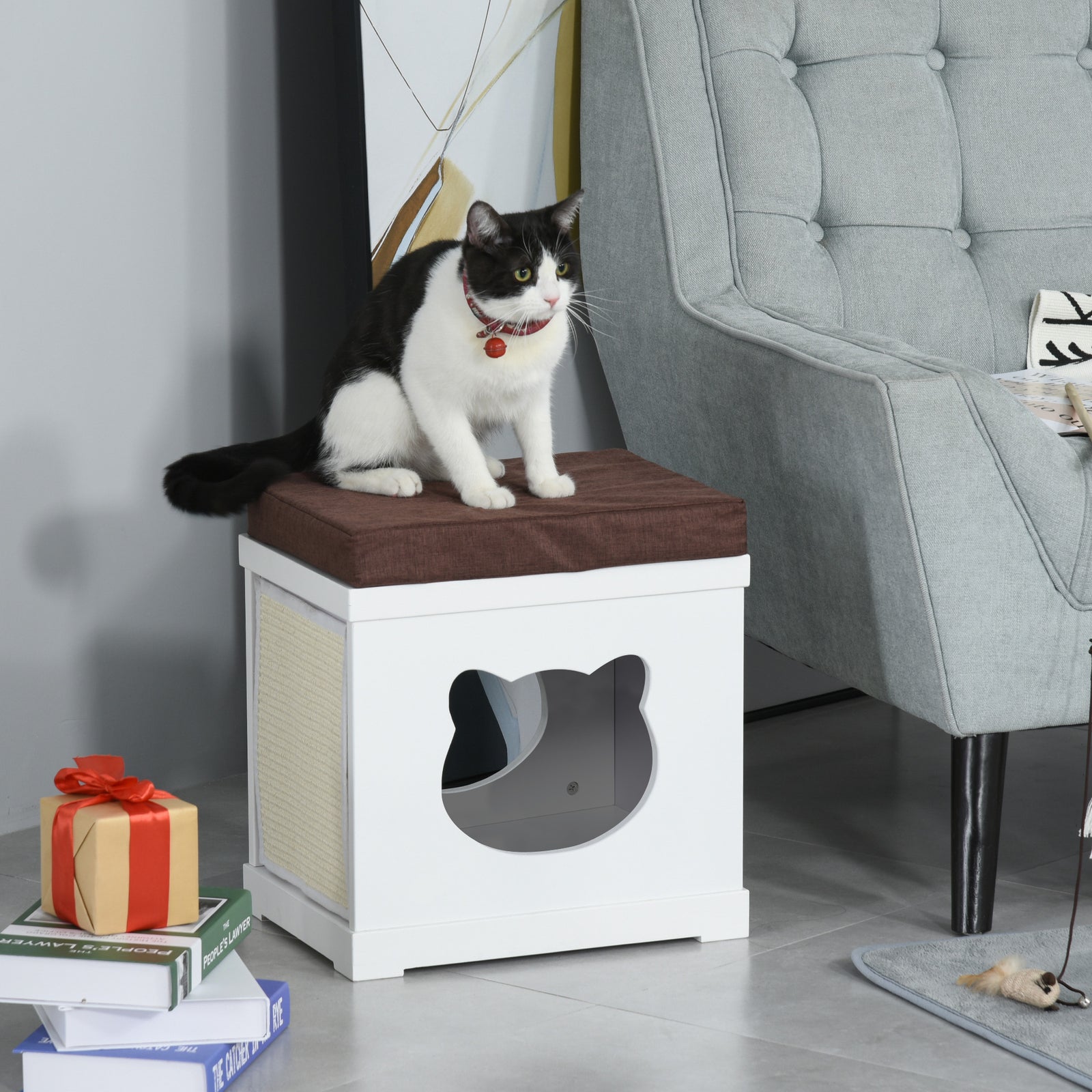 Cat House Bed Cat Scratching Cube for Small Cat Pet Furniture with Removable Scratching Pad and Soft Cushion White