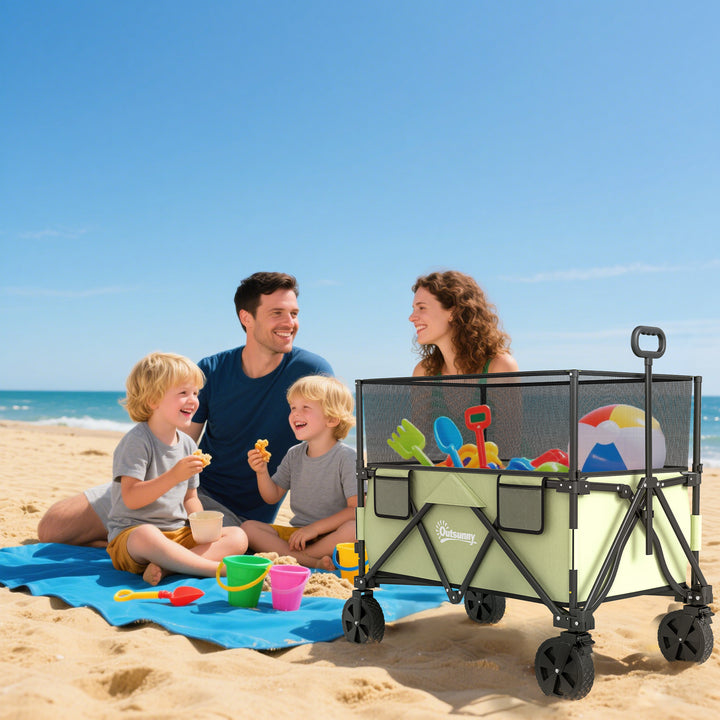 Folding Garden Trolley, 180L Wagon Cart with Extendable Side Walls, for Beach, Camping, Festival, Green