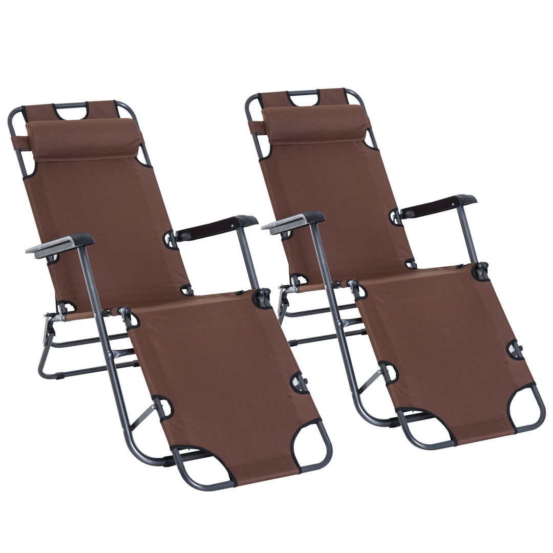 2 in 1 Folding Sun Lounger Reclining Garden Chair Set of 2 with 2-Level Adjustable Backrest, Outdoor Zero Gravity Recliner Garden Chairs with Head Pillow and Armrests, Brown