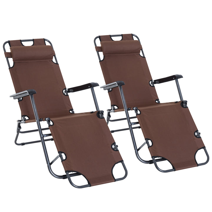 2 in 1 Folding Sun Lounger Reclining Garden Chair Set of 2 with 2-Level Adjustable Backrest, Outdoor Zero Gravity Recliner Garden Chairs with Head Pillow and Armrests, Brown