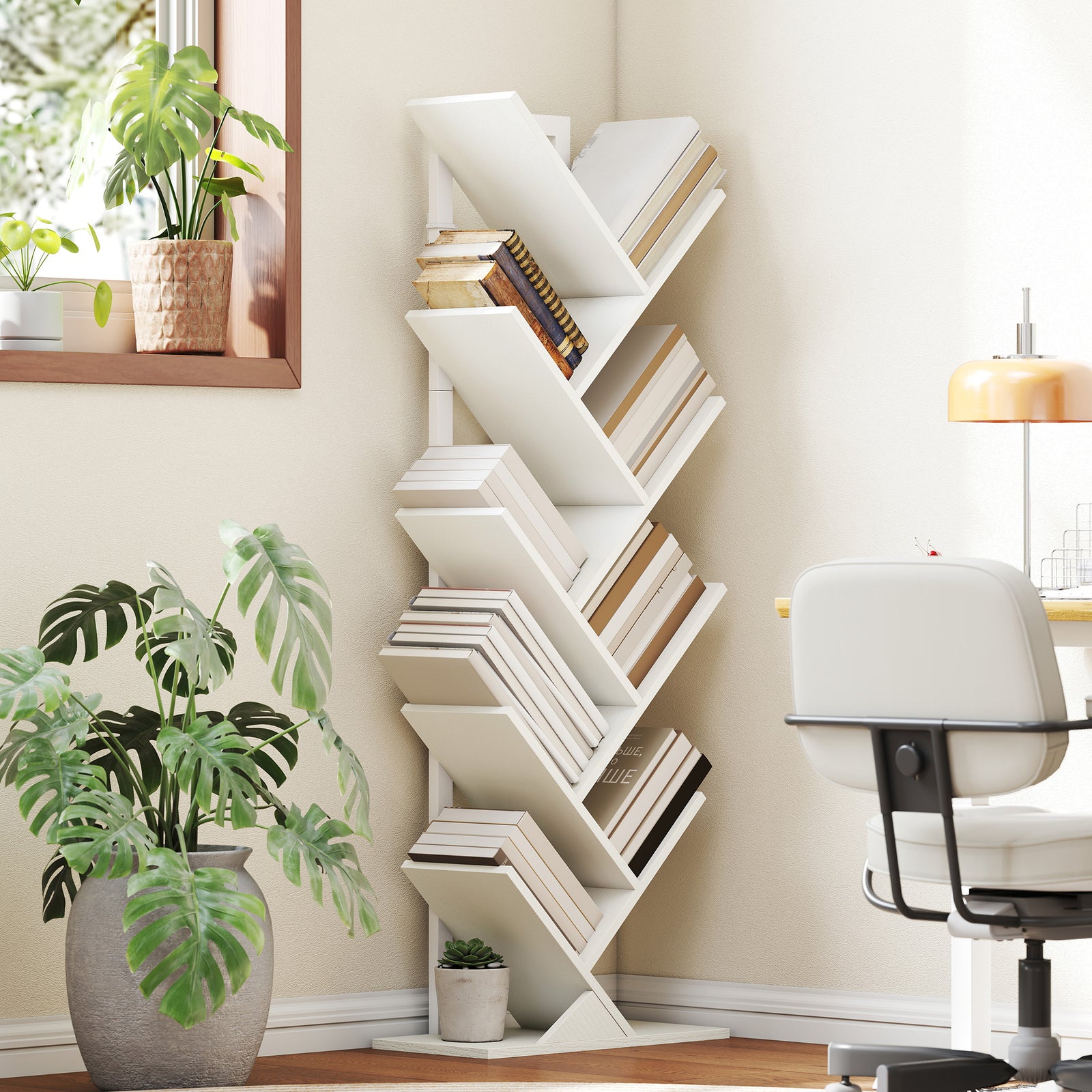 9-Tier Tree Bookshelf, Industrial Free Standing Bookcase with Steel Fr