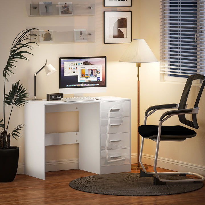 Computer Desk with Drawers, Dressing Table, High Gloss Home Office Writing Workstation, White