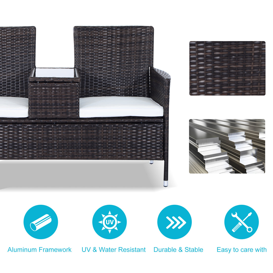 2-Seater Rattan Chair Furniture Set W/ Middle Tea Table-Brown