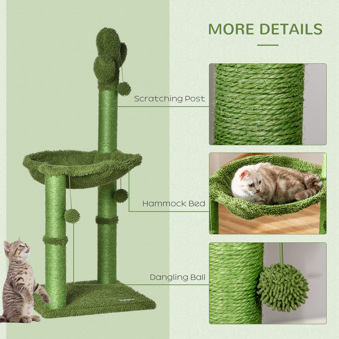 PawHut Cat Tower Kitten Activity Center Cactus Shape with Scratching Post Hammock Bed Dangling Ball Toy | Aosom UK