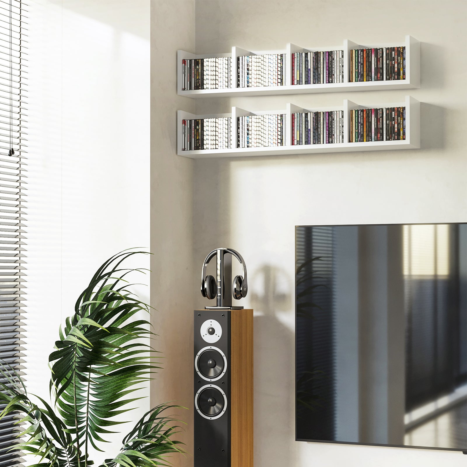 Wall Mount 84 CD / 56 DVD/Blu-ray/ Media Storage Rack 4 Cubes, Wooden Shelf Organiser Unit Bookcase Display, Set of 2, White