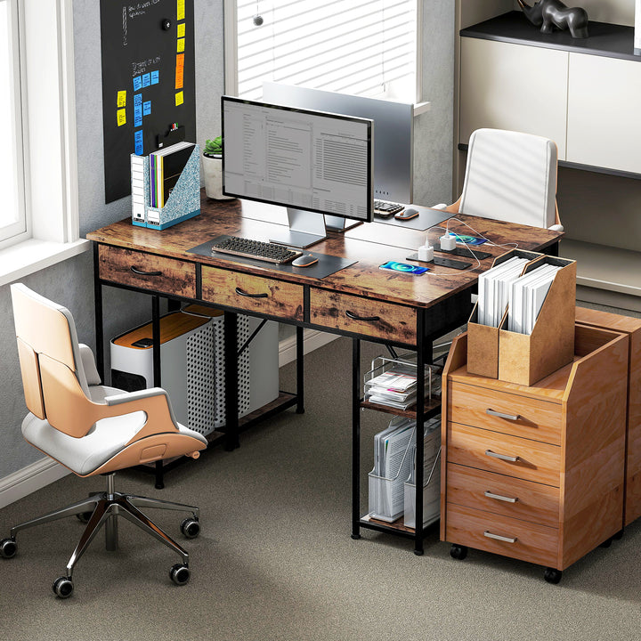 120cm Computer Desk with Power Outlets, Office Desk Study Table with Fabric Drawers and Storage Shelves, Rustic Brown