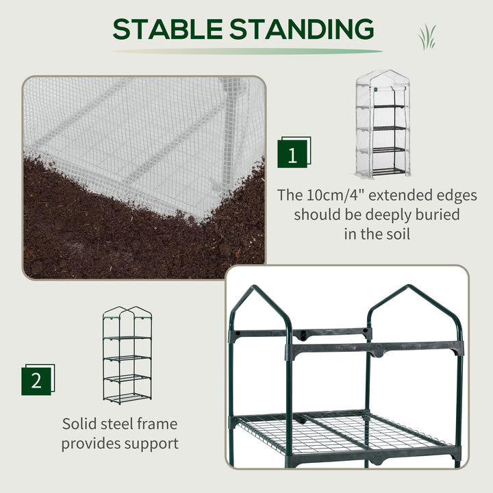 4 Tier Mini Greenhouse, Portable Compact Green House with Steel Frame, PE Cover, Roll-up Door, 70 x 50 x 160 cm, White