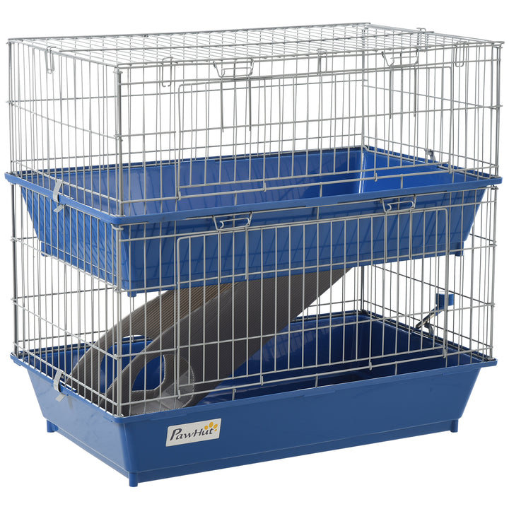 PawHut Small Animal Cage, Metal 2-Tier, Spacious, Secure, Easy Clean, Blue | Aosom UK