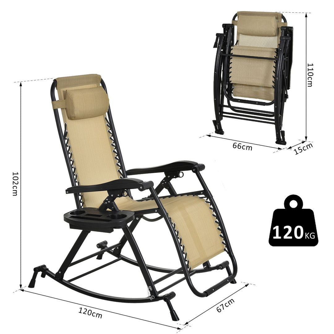 Outsunny Garden Rocking Chair Folding Recliner Outdoor Adjustable Sun Lounger Rocker Zero-Gravity Seat with Headrest Side Holder Patio Deck - Beige