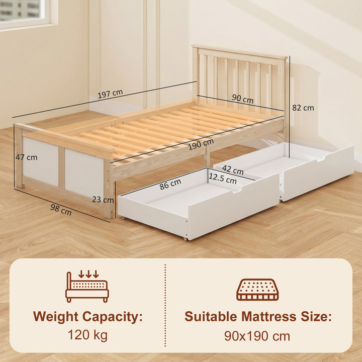 Pine Storage Bed, 3ft Single Solid Wooden Bed Frame with Drawers, Head