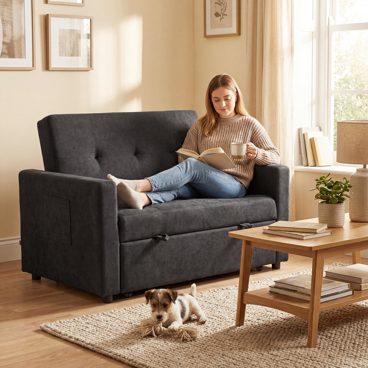 Loveseat Sofa Bed, Convertible Bed Settee with 2 Pillows, Side Pockets