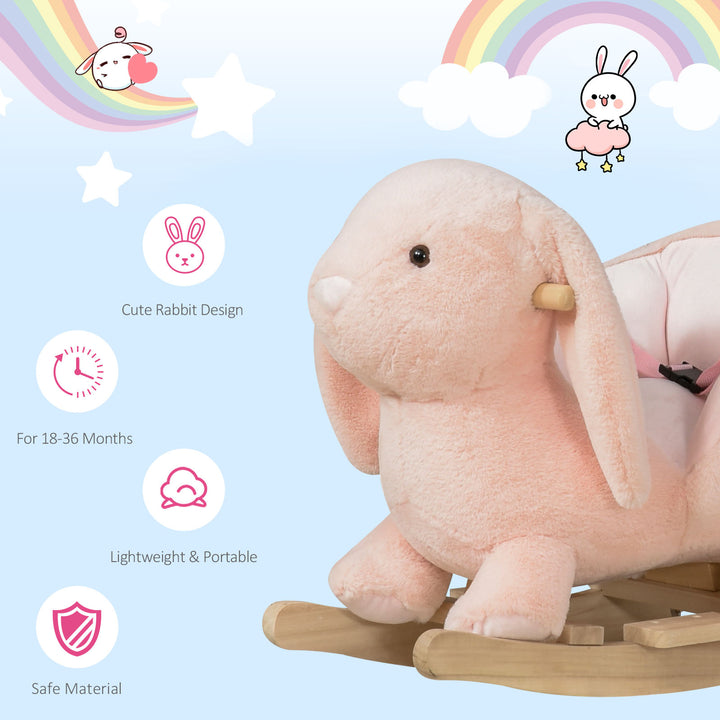 Kids Rocking Rabbit, Plush Rocking Horse Ride-On w/ Sound, Wood Base, Seatbelt, for Ages 18-36 Months, Pink