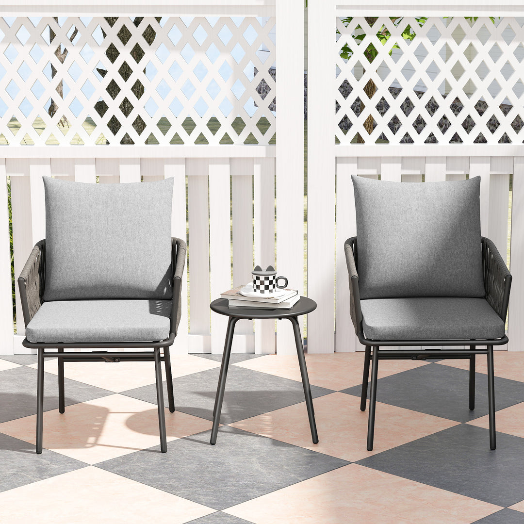3-Piece Rattan Bistro Set, Garden Table and Chairs with 4 Cushions, Patio Rattan Conversation Furniture Set for Balcony, Porch, Terrace, Grey