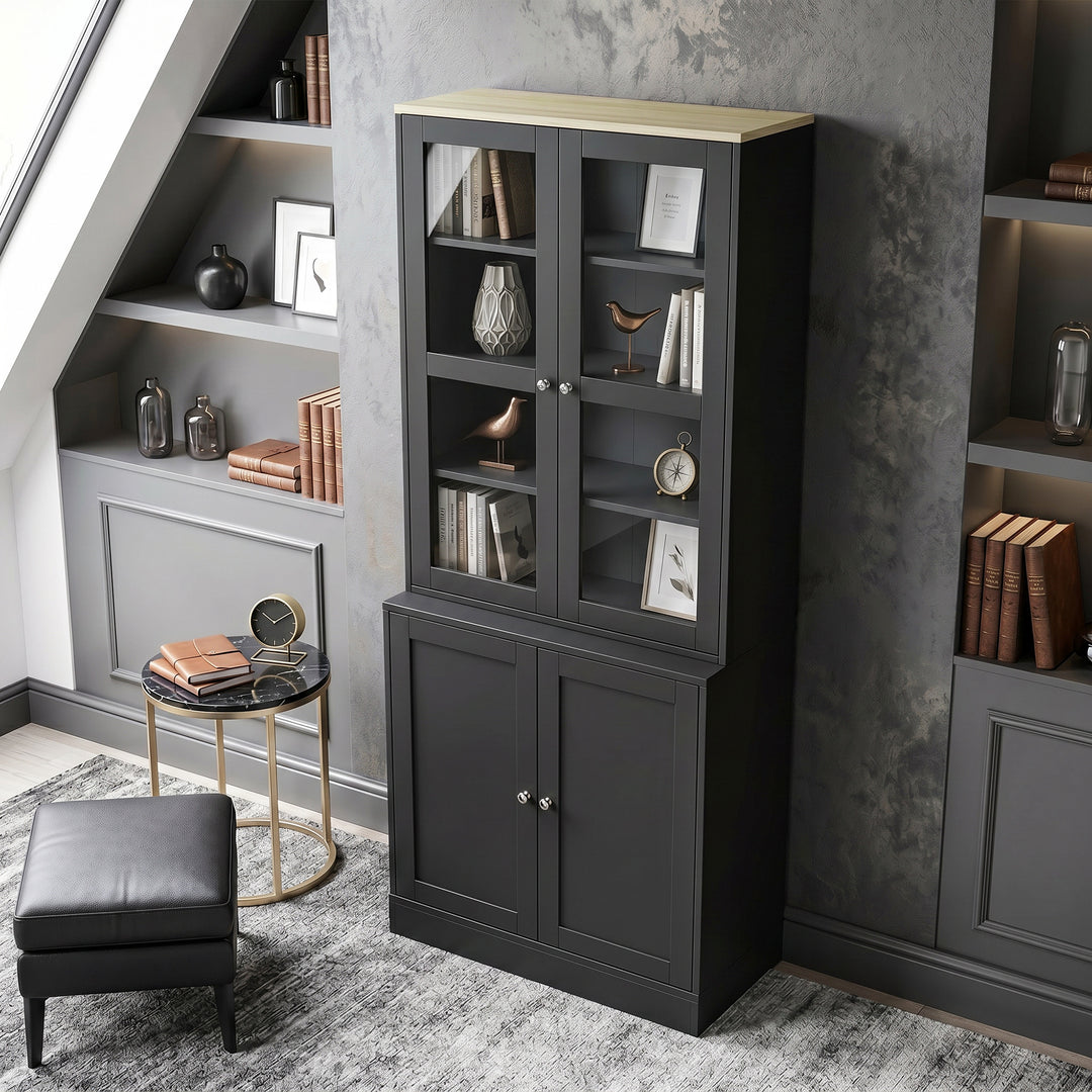 Modern Bookcase Display Storage Unit with Glass Doors Adjustable Shelv