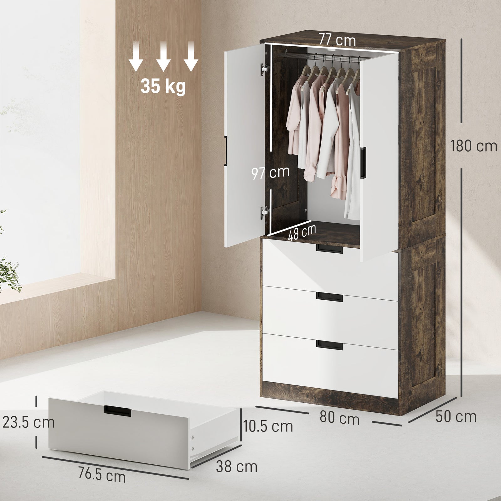 Modern Clothes Storage Cupboard Unit, 3 Drawer 2 Door Wardrobe with Ha