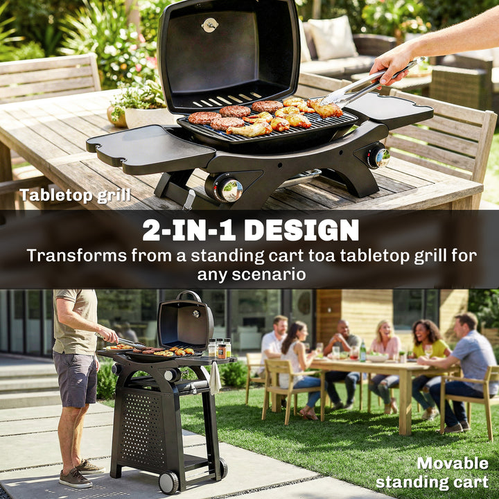 2 Burner Gas Grill with 2 Side Tables, 3.8 KW Barbecue Grill with Cast