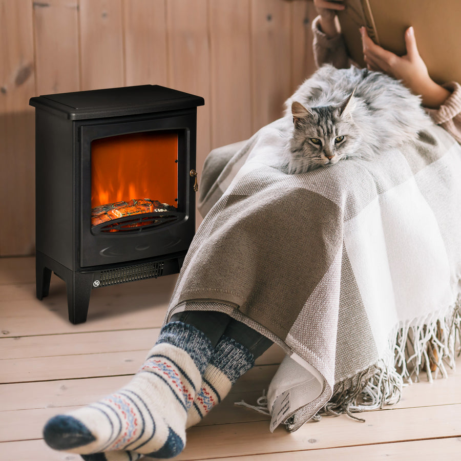 Electric Fireplace Stove, Free standing Fireplace Heater with Realistic LED Flame Effect, Overheat Safety Protection, 900W/1800W, Black
