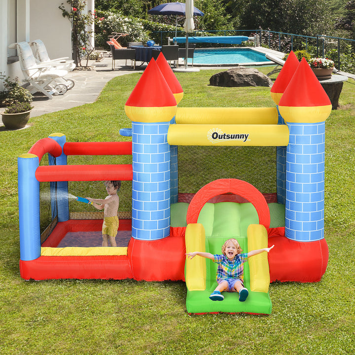 Outsunny Kids Bounce Castle House Inflatable Trampoline Slide Water Pool Basket 4 in 1 with Inflator for Kids Age 3-10 Castle Design 3 x 2.75 x 2.1m