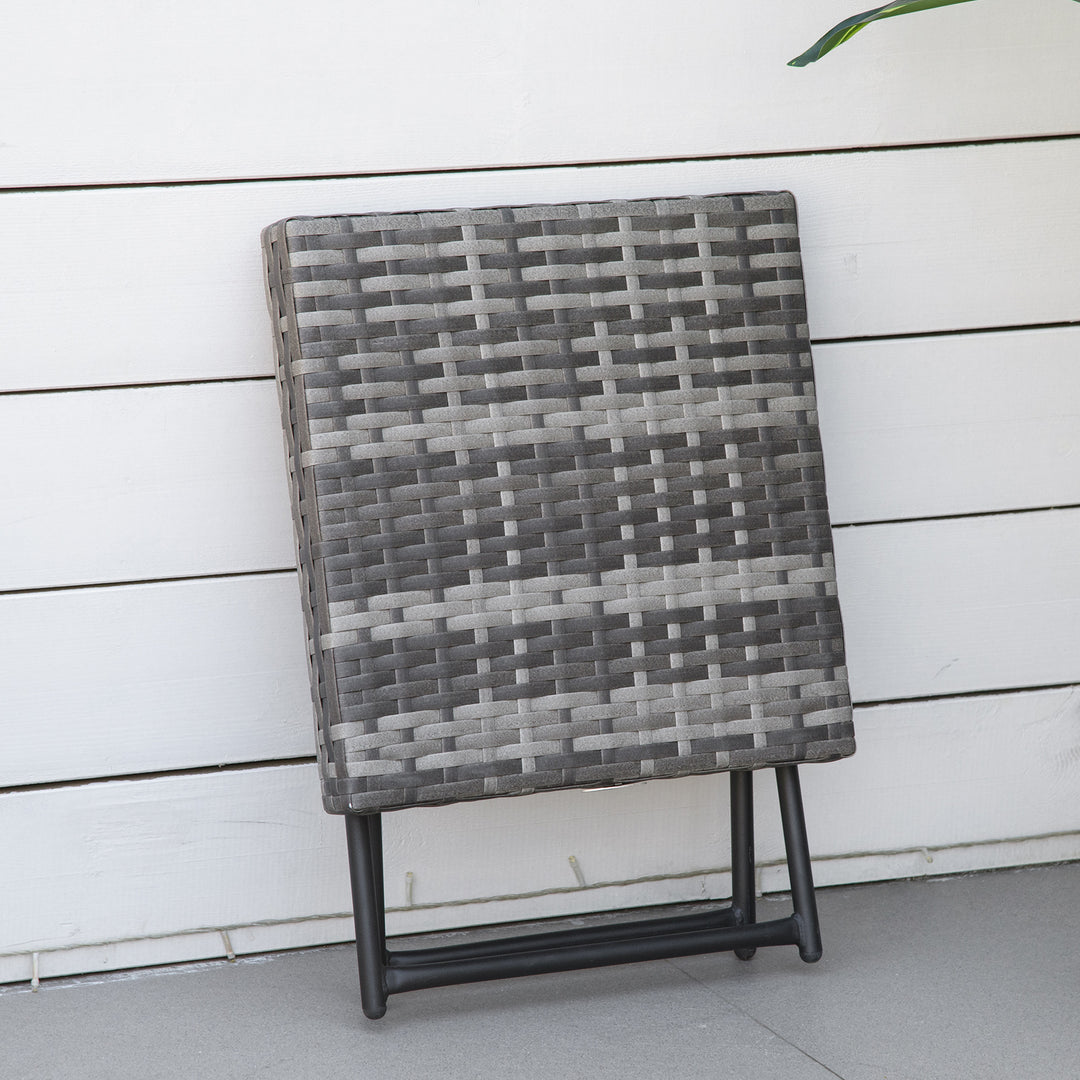 Square PE Wicker Rattan Folding Table,Weather Resistant Wicker Weave Side Table with Steel Frame, Grey