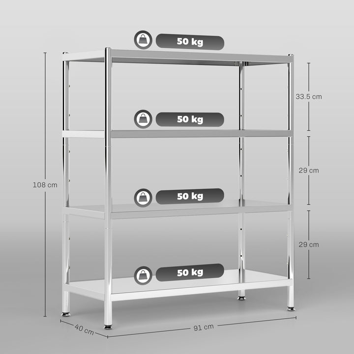 HOMCOM 4-Tier Bakers Rack with Storage, Stainless Steel Microwave Stand with Adjustable Shelves for Small Spaces, Kitchen Storage Unit for Spices, Pots and Pans, Silver Tone