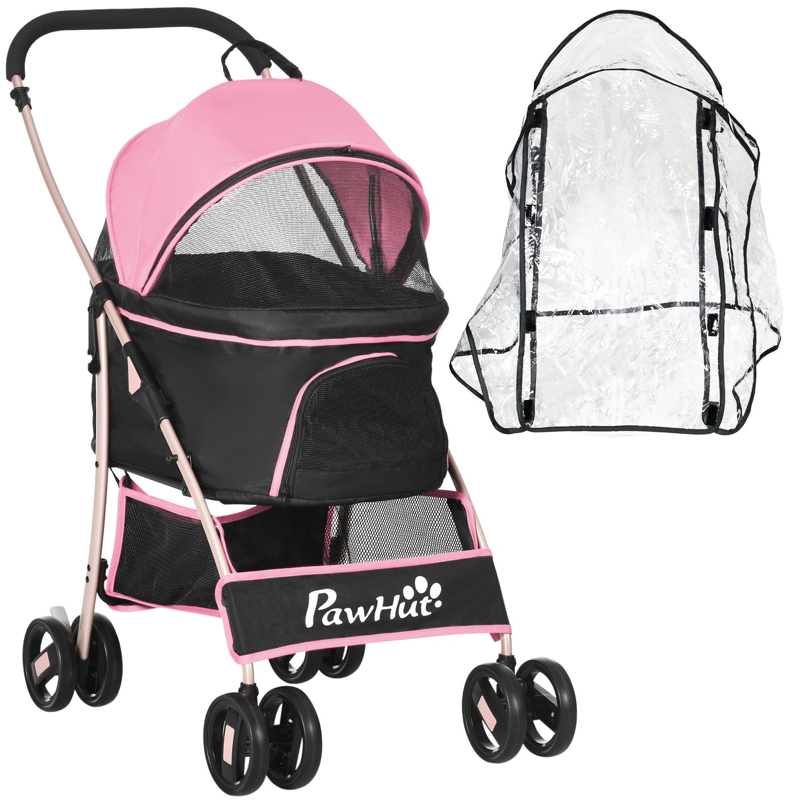 Detachable Pet Stroller with Rain Cover, 3 In 1 Cat Dog Pushchair, Foldable Carrying Bag w/ Universal Wheels, Brake, Canopy, Basket, Storage Bag for Small and Tiny Dogs - Pink