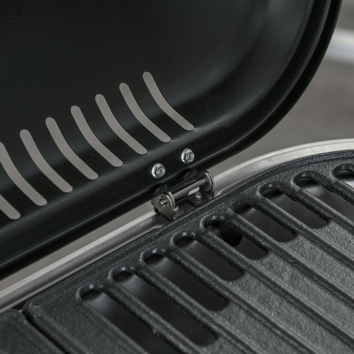 MCL Foldable Gas BBQ Grill 2 Burner Garden Barbecue Trolley w/ Lid Side Shelves Storage Pocket Piezo Ignition Thermometer, Aluminium Alloy