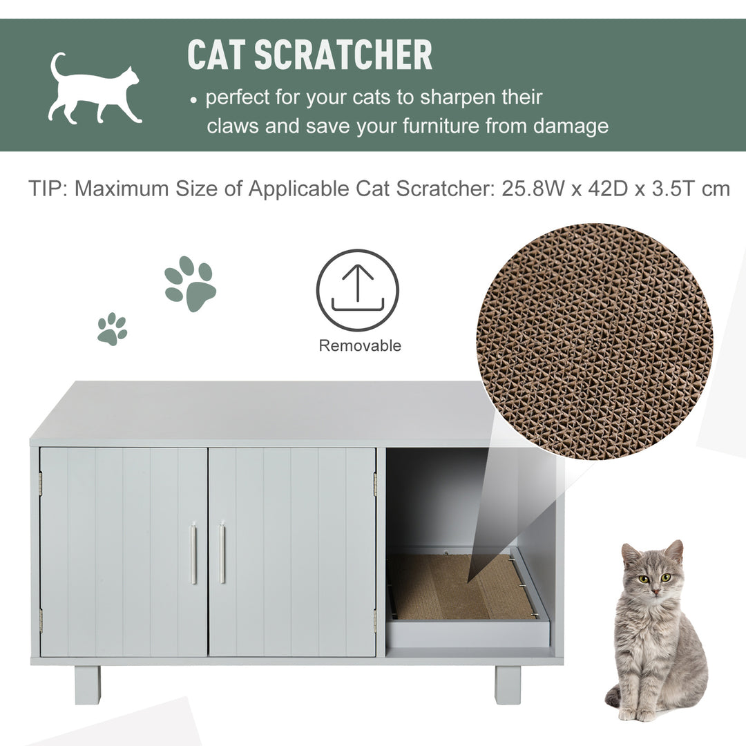 MCL Wooden Cat Litter Box Enclosure & House with Nightstand/End Table Design, Scratcher, & Magnetic Doors, Grey