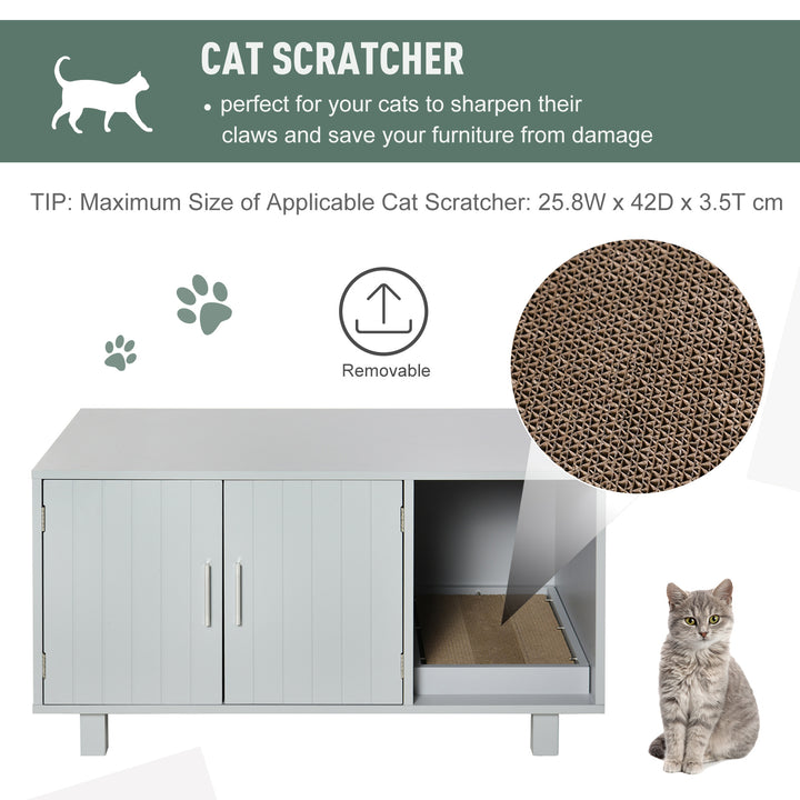 MCL Wooden Cat Litter Box Enclosure & House with Nightstand/End Table Design, Scratcher, & Magnetic Doors, Grey