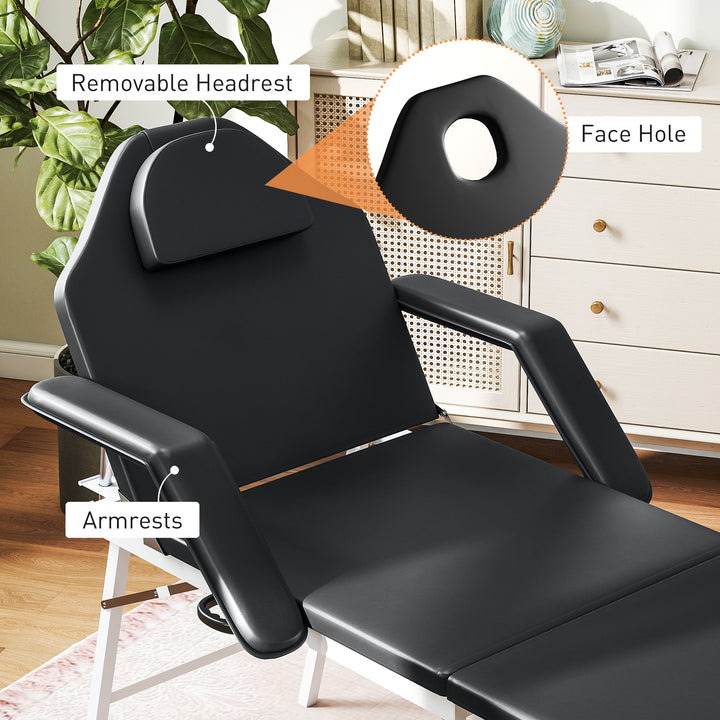 Portable Massage Table, 3 Section Adjustable Beauty Bed, Foldable Massage Bed with Face Hole, Recliner Chair with Removable Headrest and Armrests for Spa, Lash, Tattoo, Black