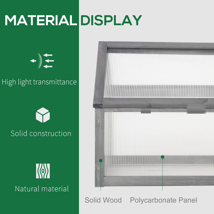 Wooden Cold Frame Garden Polycarbonate Greenhouse with Openable Top Cover, Grow House for Flowers, Vegetables, Plants, 90 x 52 x 50cm, Grey
