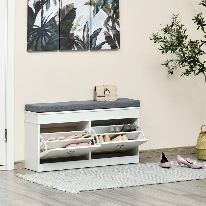 Shoe Storage Bench with Flip Drawers, Shoe Cabinet with Seat Cushion and Adjustable Shelf for Hallway, Entryway, Living Room, Bedroom, White