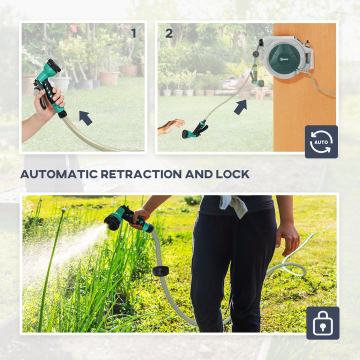 Outsunny Retractable Hose Reel Wall Mounted, 20+2m Garden Hose Pipe Reel with Lock, Auto Rewind, 7 in 1 Spray Nozzle, Includes Wall Fixings, 180° Swivel, Outdoor Watering, Light Grey