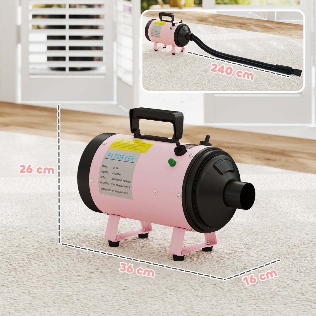 2200W Dog Hair Dryer with Adjustable Temperature & Velocity, 3 Different Nozzles, Pink