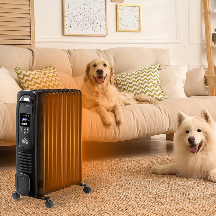 2500W Digital Display Oil Filled Radiator, 11 Fin Portable Electric Heater with Timer, Adjustable Thermostat, Three Heat settings, Safety Cut Off, Remote, Black